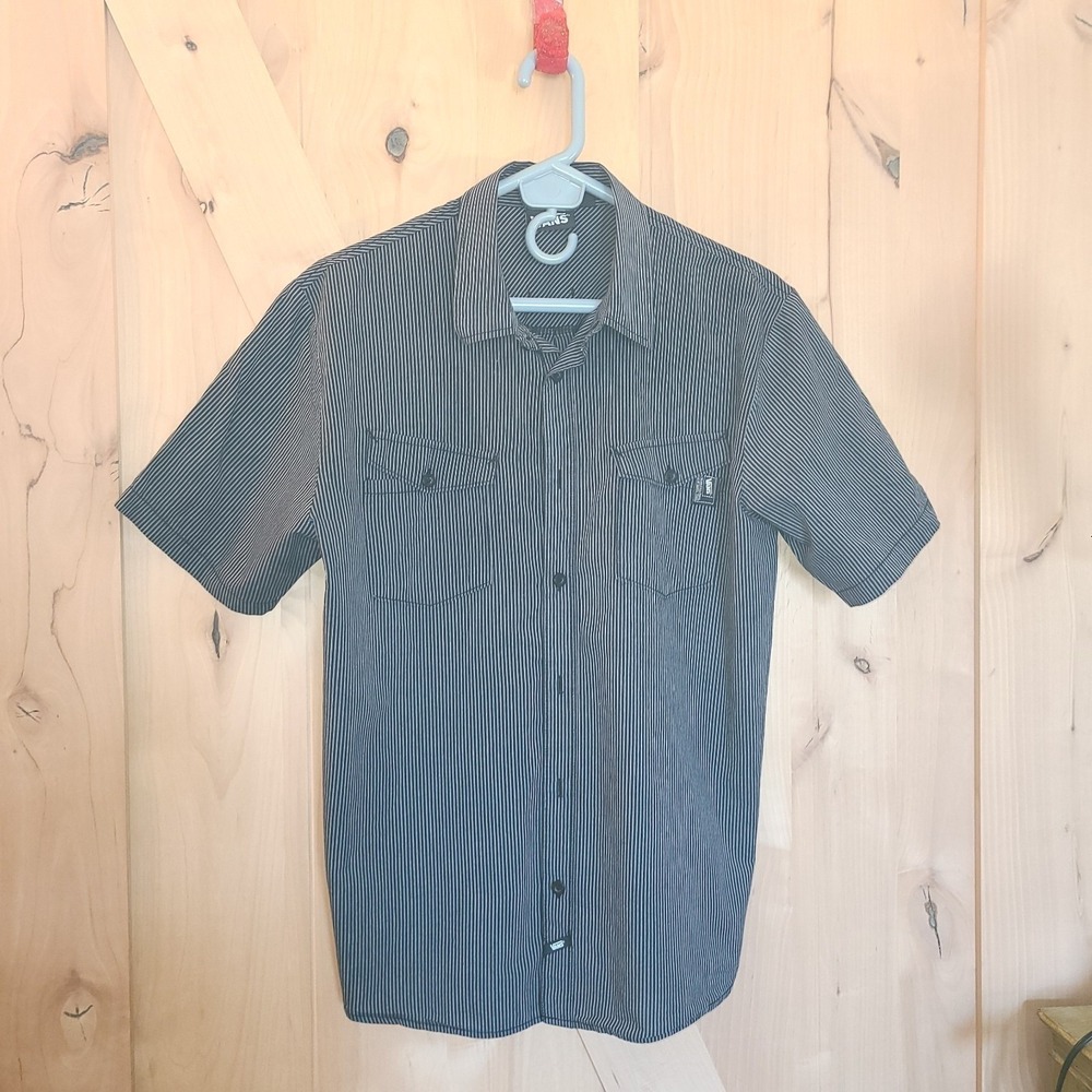 Vans Mens L Pinstripe Button Up Shirt Black Gray Skater Streetwear Work Shirt
